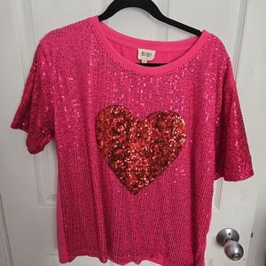 BiBi Hot Pink Short Sleeve Sequin Heart Tee